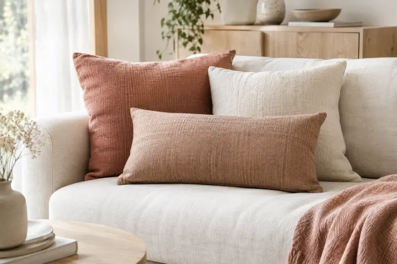 Coussins décoratifs crème et argile de formes variées sur un canapé clair
