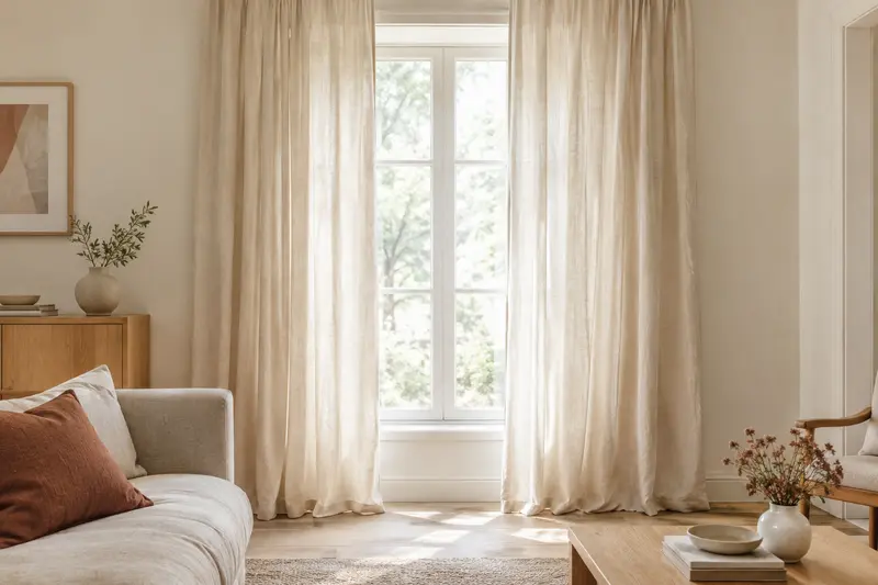 Rideaux crème encadrant une fenêtre dans un salon clair aux tons naturels