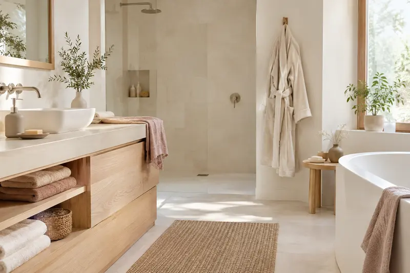 Serviettes pliées, peignoir suspendu et tapis textile dans une salle de bain claire