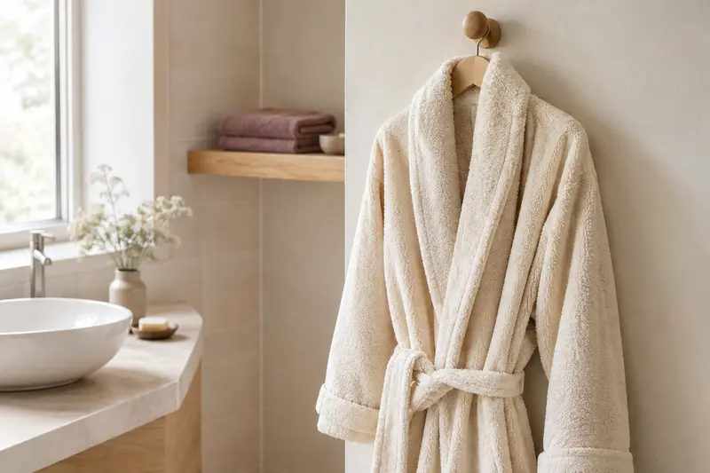 Peignoir crème suspendu à une patère dans une salle de bain lumineuse