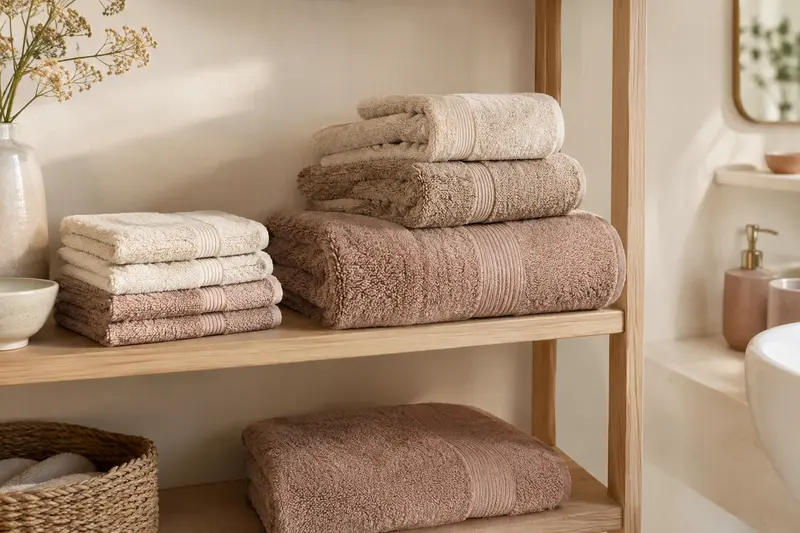Serviettes et drap de bain pliés sur une étagère en bois clair