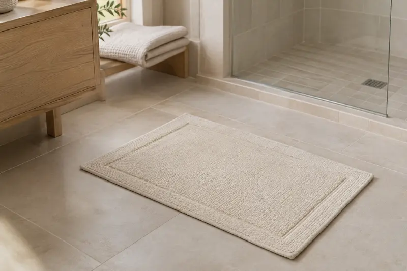 Tapis de bain ivoire devant une douche carrelée dans une salle de bain claire