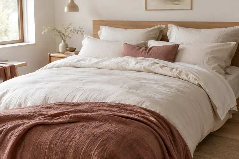 Linge de lit crème et argile coordonné sur un lit dans une chambre lumineuse