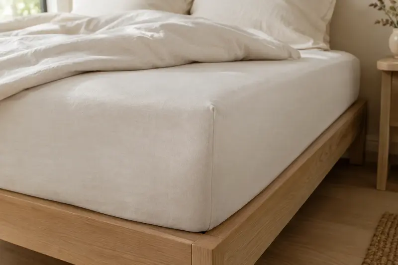 Drap-housse clair ajusté sur le matelas avec un angle du lit bien visible