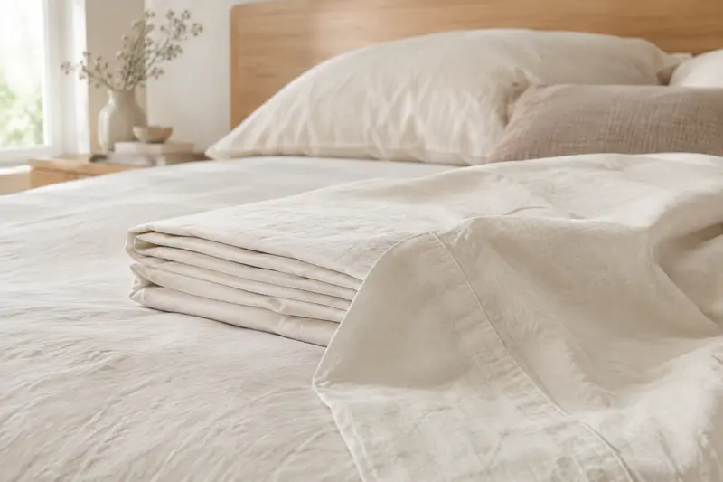 Drap plat blanc cassé replié sur un lit aux draps clairs