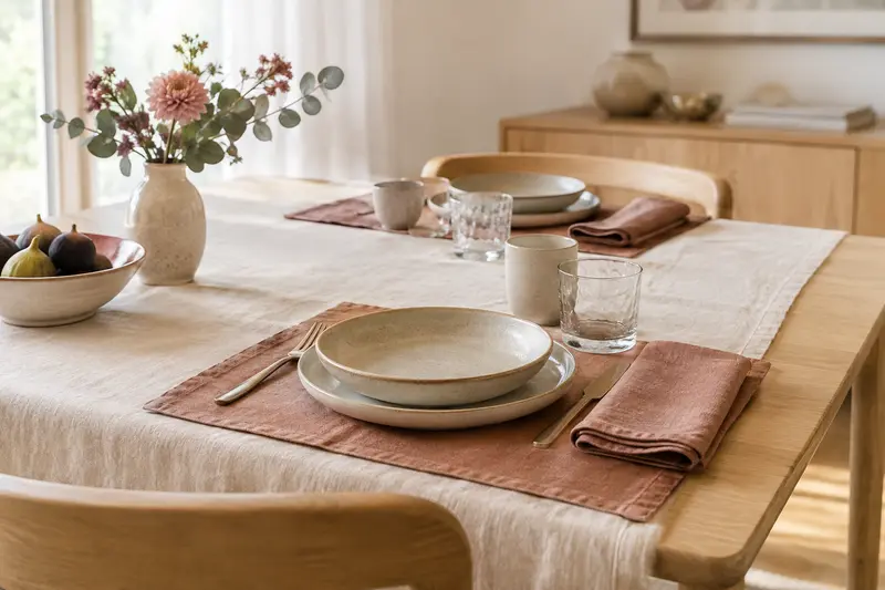 Table en bois clair dressée avec nappe crème, sets textiles et vaisselle sobre