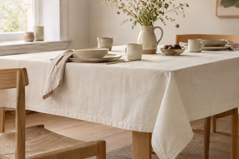 Nappe ivoire tombant sur une table en bois clair avec vaisselle en céramique