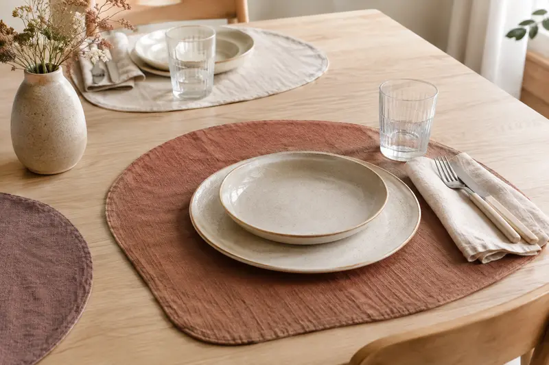 Sets de table en tissu argile et crème disposés sous des assiettes en céramique