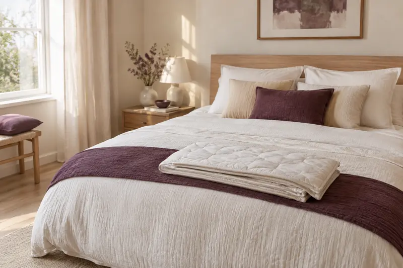Lit aux tons crème avec couette, oreillers et linge de literie soigneusement disposés