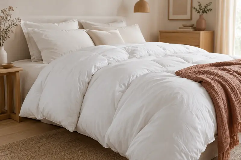 Couette blanche moelleuse posée sur un lit clair dans une chambre épurée