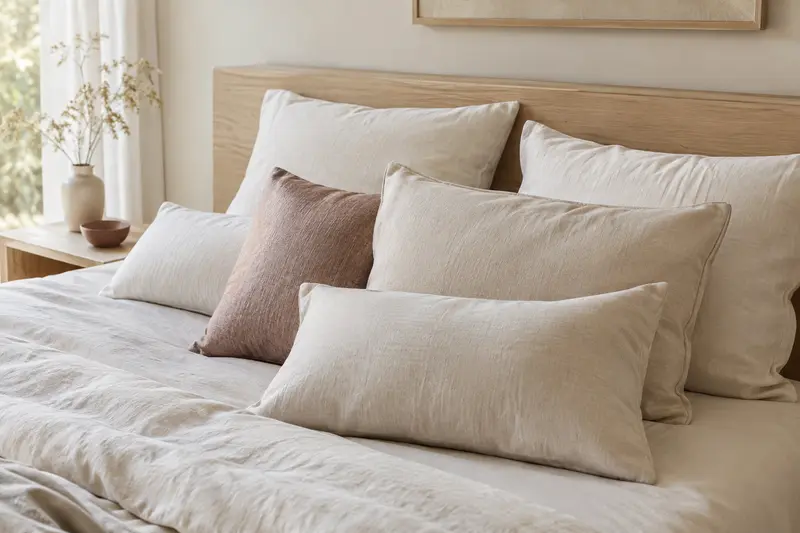 Oreillers carrés et rectangulaires aux enveloppes claires sur un lit préparé