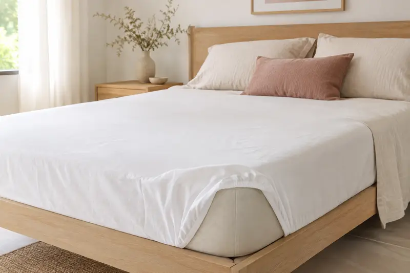 Protège-matelas blanc ajusté sur un lit aux draps crème et au cadre en bois