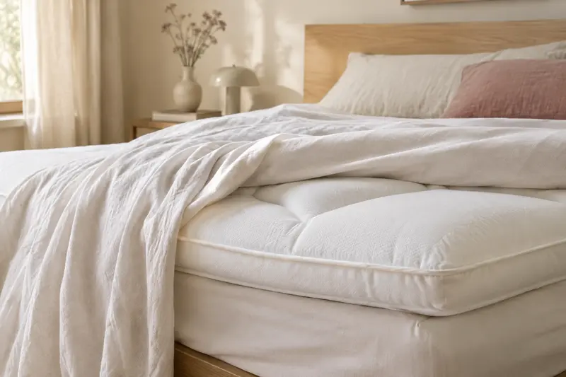 Surmatelas blanc visible sous un drap clair dans une chambre lumineuse