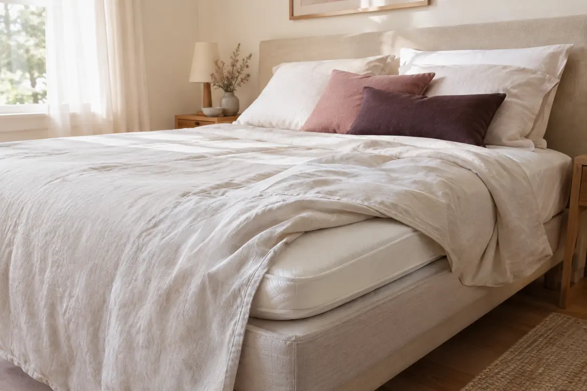 Lit double avec un surmatelas blanc posé sur le matelas et un drap-housse ajusté