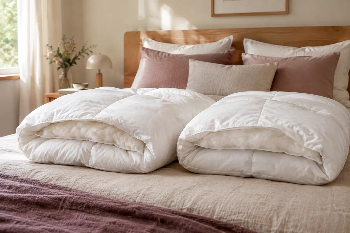 Deux couettes aux textures différentes présentées au pied d’un lit dans une chambre claire