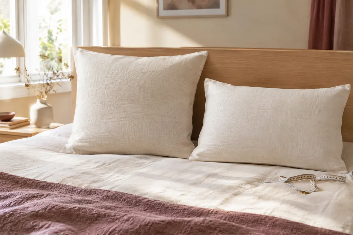 Oreillers carré et rectangulaire dans des taies bien ajustées, avec un mètre ruban posé sur le lit.