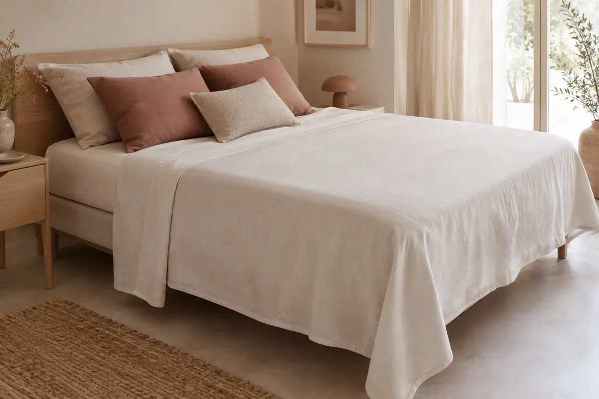 Drap plat clair centré sur un lit, montrant une retombée régulière et un côté bordé sous le matelas.