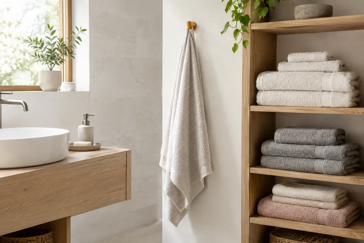 Serviettes de bain de différentes épaisseurs pliées et suspendues dans une salle de bains claire