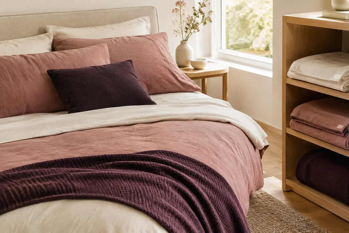 Linge de lit aux couleurs douces, avec une étiquette d’entretien visible sur un tissu plié