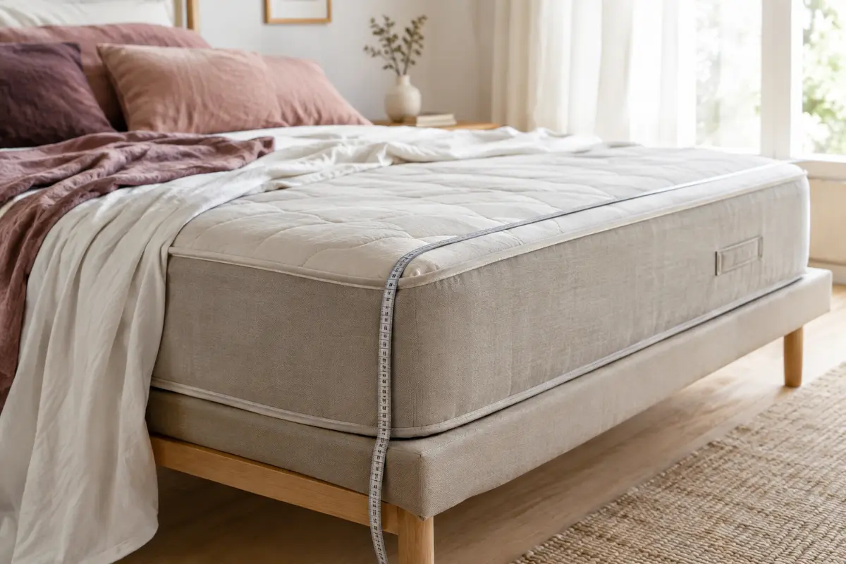 Mètre ruban posé le long d’un matelas pour illustrer la mesure de sa longueur et de son épaisseur