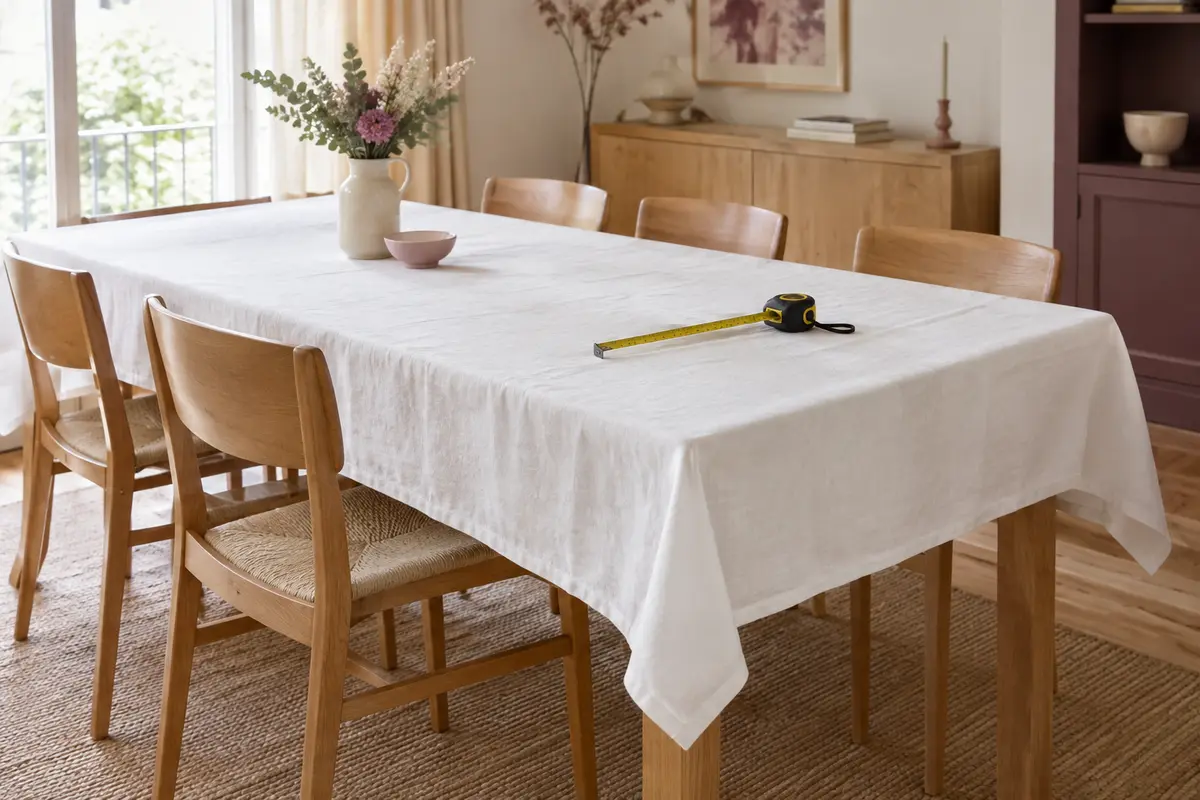 Table en bois clair recouverte d’une nappe blanche à retombée régulière, avec un mètre ruban posé sur le plateau