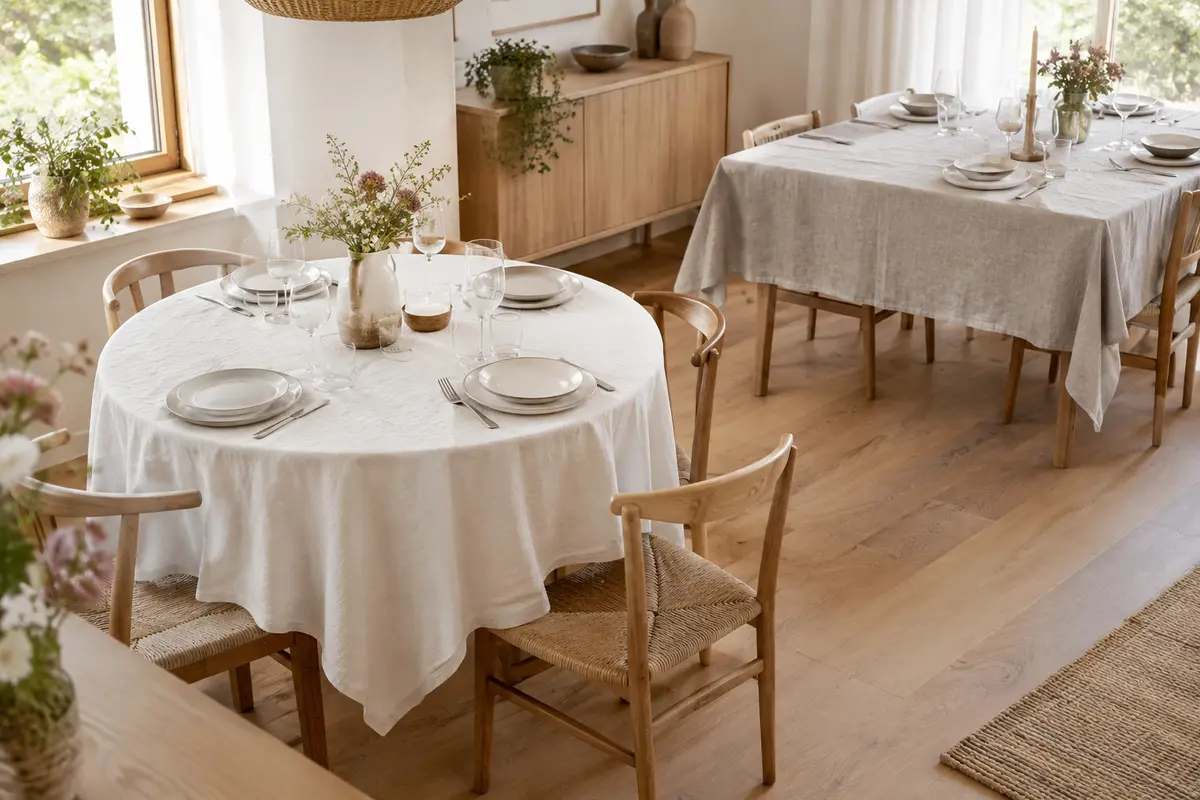 Tables ronde et rectangulaire dressées avec des nappes aux formes adaptées et une vaisselle sobre