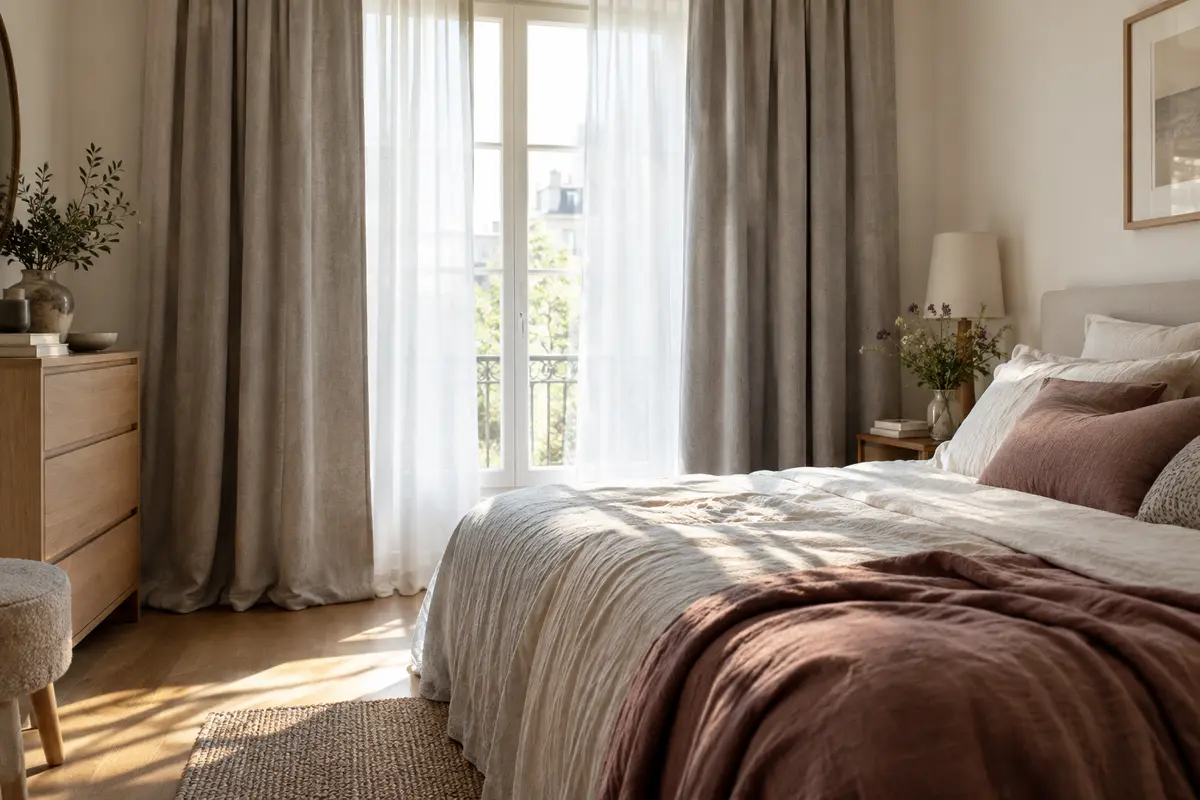Rideaux épais et voilage dans une chambre lumineuse, illustrant le choix entre lumière filtrée et occultation.