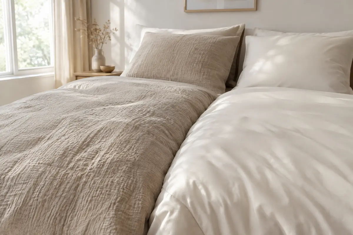 Deux housses de couette en coton illustrent un rendu mat et un aspect satiné.