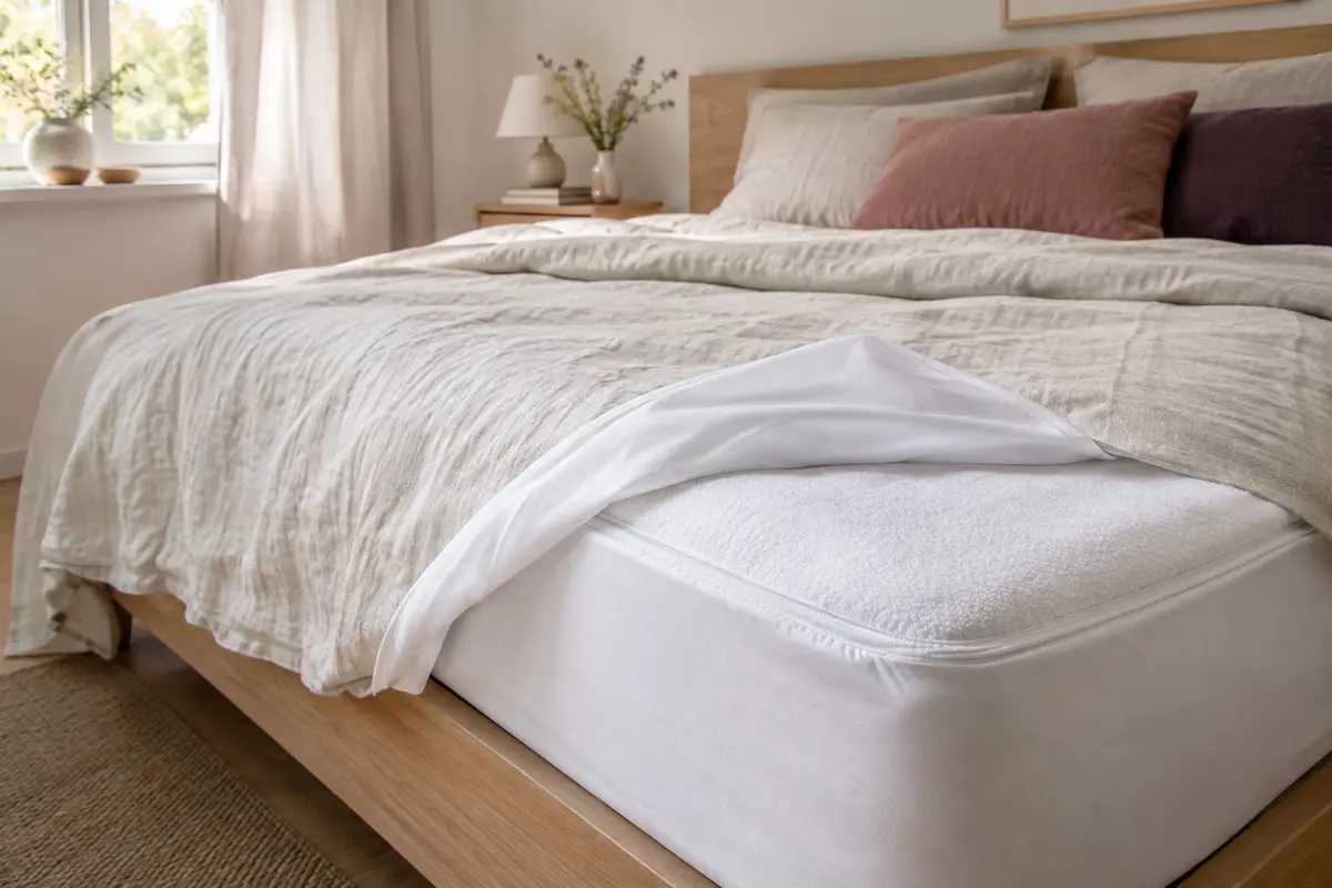 Protège-matelas blanc replié sur un lit, laissant voir sa surface textile et ses différentes couches.