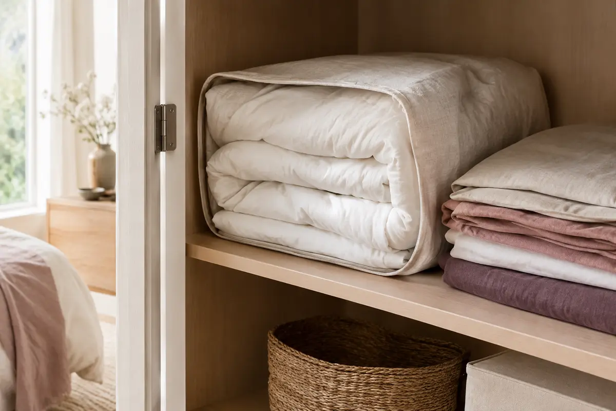 Couette pliée dans une housse respirante et linge de lit rangé à plat sur une étagère sèche.