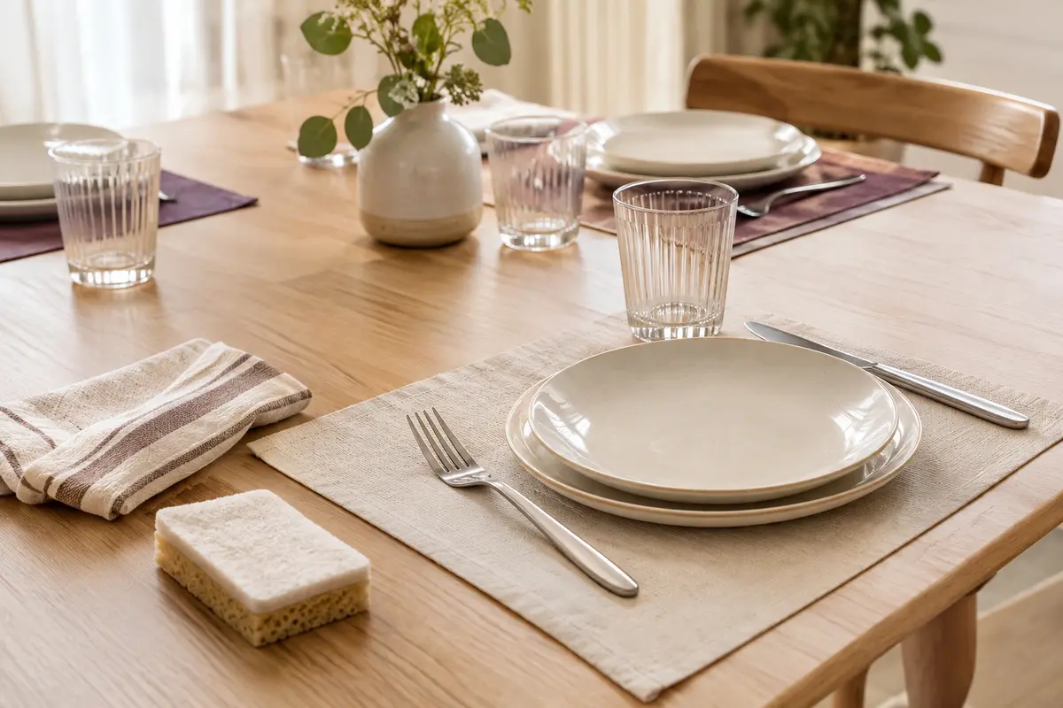 Sets de table en coton et matière lisse disposés sur une table en bois clair pour la protéger