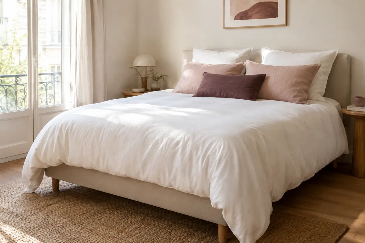 Lit double avec une couette blanche et une retombée régulière sur les côtés du matelas