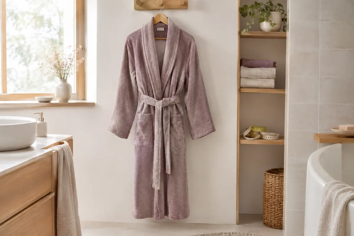Peignoir de bain sur cintre avec un mètre ruban, pour illustrer le choix des mesures et de la coupe