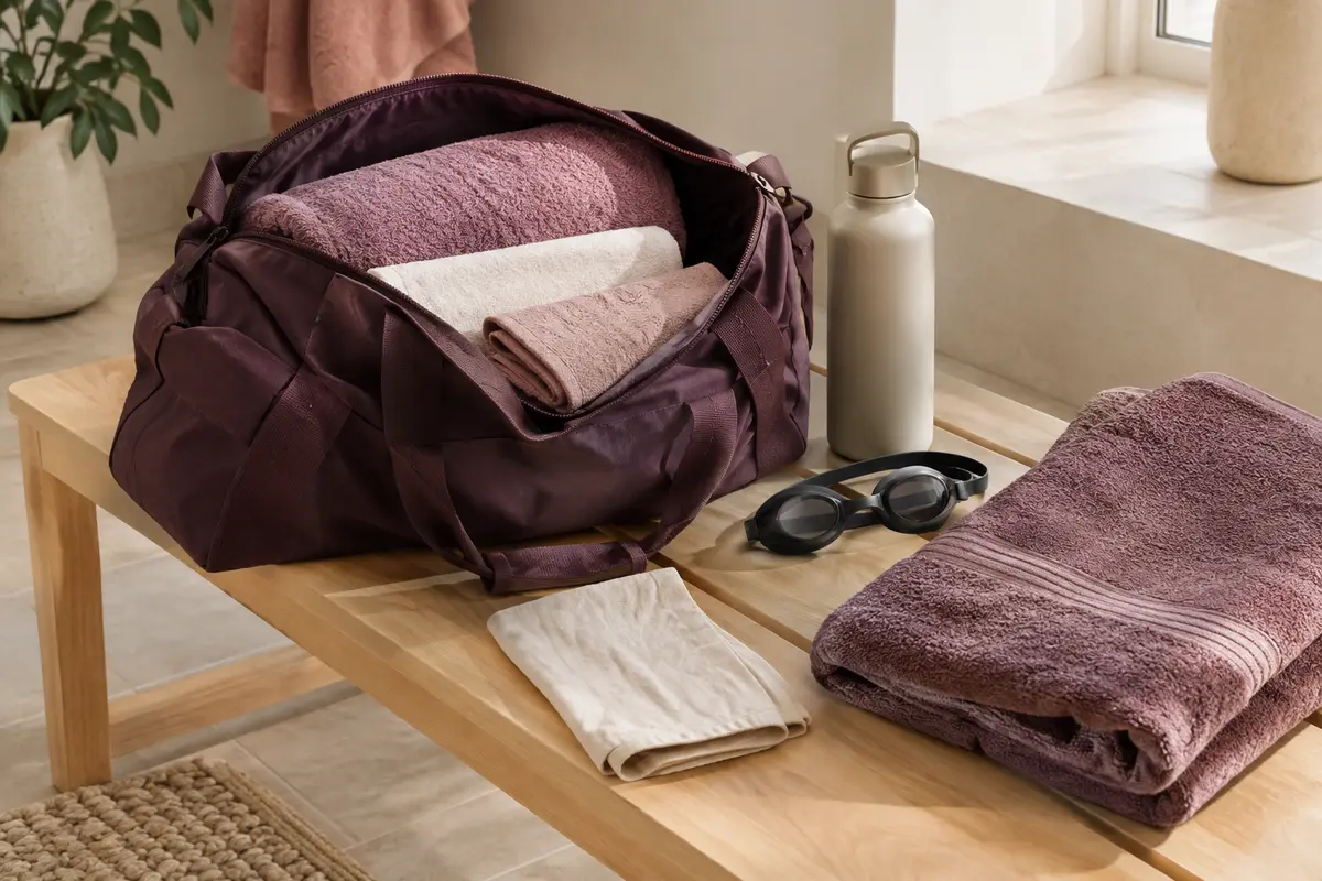 Serviettes de bain pliées de plusieurs tailles à côté d’un sac de sport ouvert