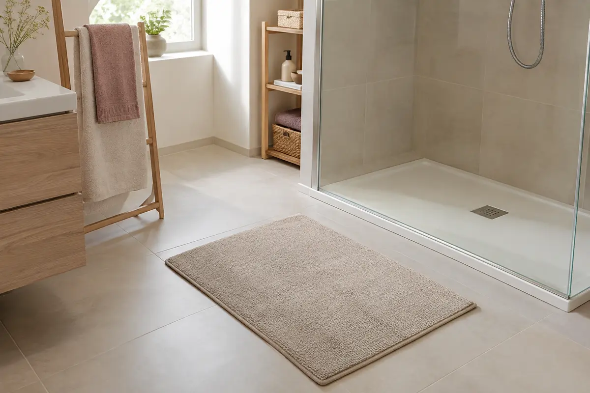 Tapis de bain rectangulaire posé à plat devant une douche vitrée sur un sol carrelé sec.