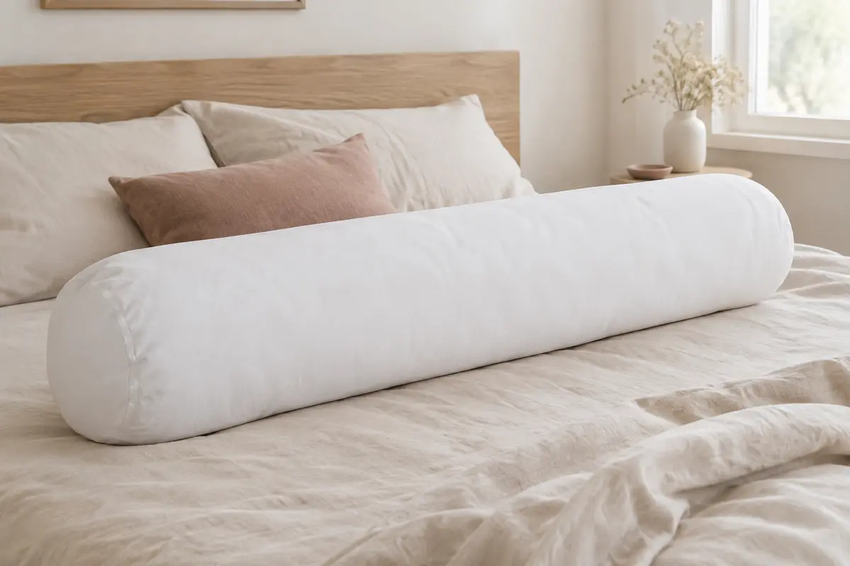 Traversin Abeil blanc en microfibre posé sur un lit aux tons crème dans une chambre lumineuse