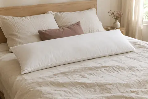 Oreiller de corps blanc en coton, long et rectangulaire, posé sur un lit clair dans une chambre lumineuse.