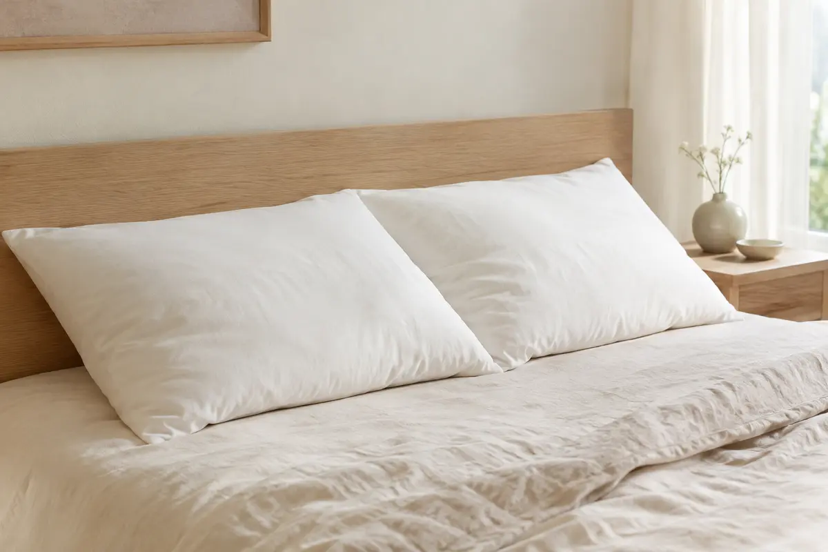 Deux oreillers blancs rectangulaires posés sur un lit clair dans une chambre lumineuse et apaisante.