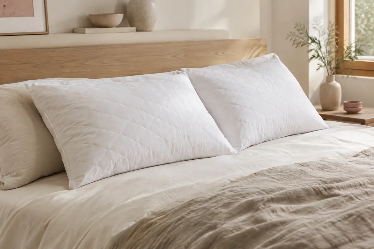 Deux oreillers blancs rectangulaires à surface matelassée posés sur un lit aux tons crème