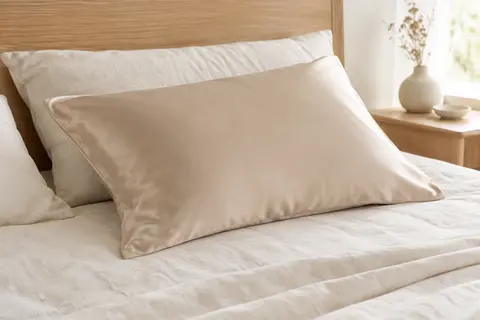 Taie d’oreiller beige en soie de mûrier posée sur un lit clair, fermeture discrète