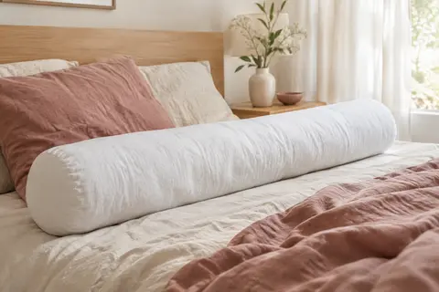 Traversin cylindrique blanc de 140 cm en coton, posé sur un lit aux tons crème et vieux rose.