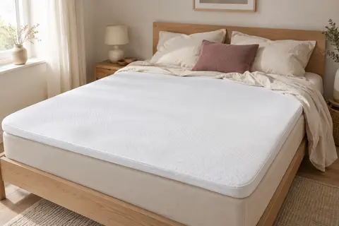 Surmatelas blanc de 160 x 200 cm posé sur un lit aux draps crème dans une chambre lumineuse.