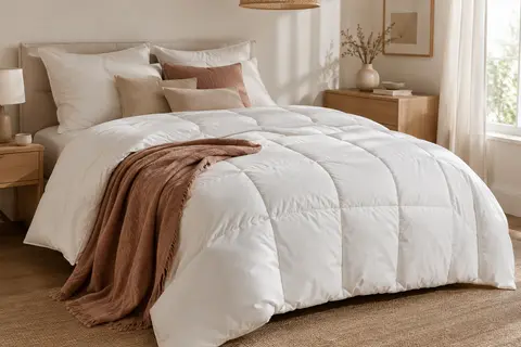 Couette blanche en microfibre avec matelassage géométrique présentée sur un lit lumineux.