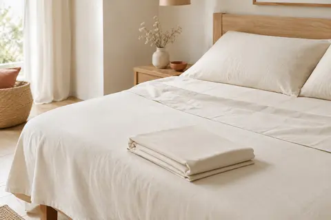 Deux draps plats unis en coton blanc cassé, l’un posé sur un lit et l’autre plié