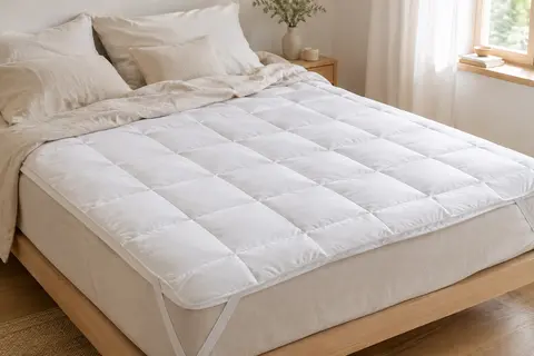 Surmatelas blanc en microfibre capitonné, posé sur un lit double dans une chambre lumineuse