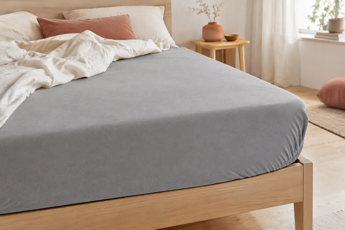 Protège-matelas gris en microfibre brossée installé sur un matelas avec bonnet profond élastiqué
