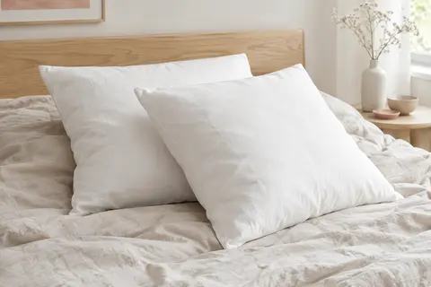 Deux oreillers carrés blancs et moelleux superposés sur un lit aux draps en lin crème.