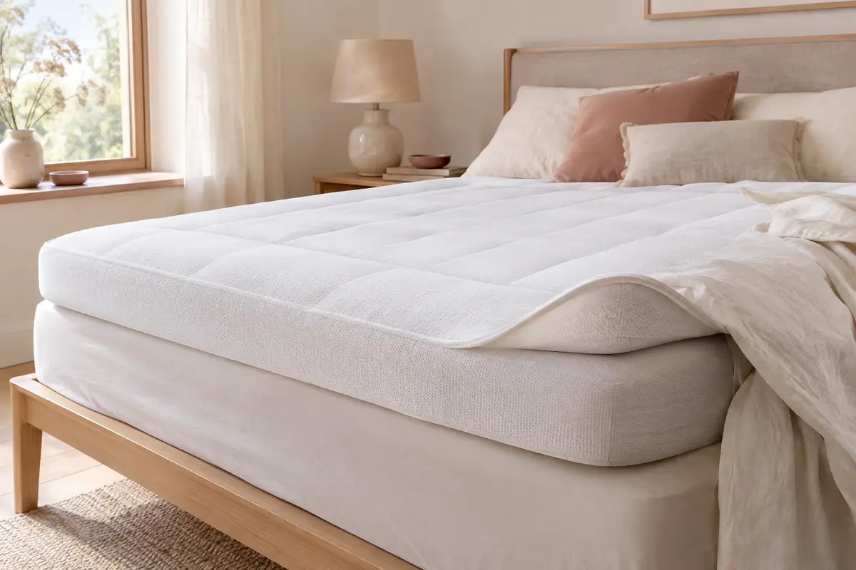 Surmatelas BedStory blanc de 10 cm posé sur un lit aux draps clairs dans une chambre lumineuse.
