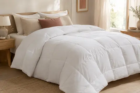 Couette blanche unie Bedsure à matelassage compartimenté, posée sur un lit dans une chambre lumineuse