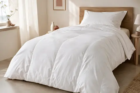 Couette blanche Blanrêve en microfibre, piquée de longues lignes et posée sur un lit clair.